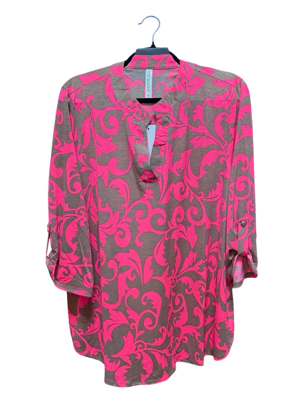 Dear Scarlett Pink Brown Scroll Print Blouse Size XL NWT